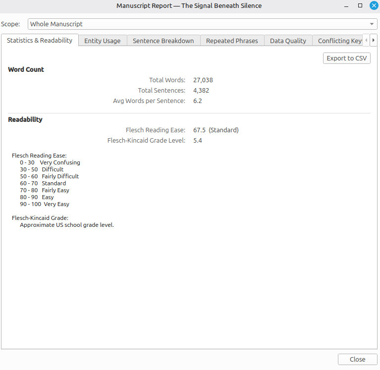 Statistics and Readability report with sentence-length and reading-level metrics
