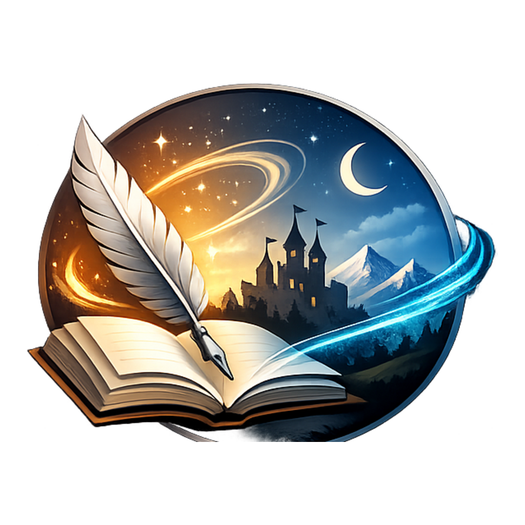 SceneWeaver — open book with quill, framed in moonlight